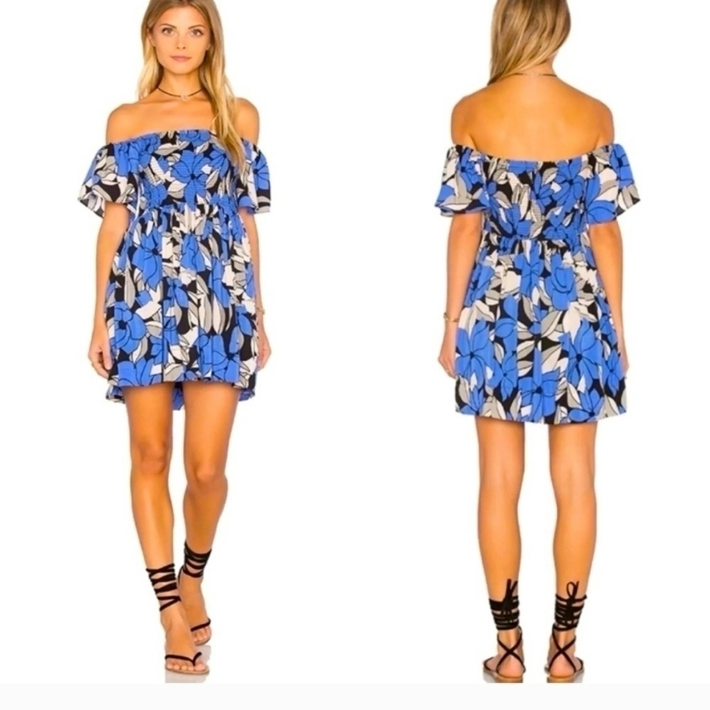 Free people Louise smocked off shoulder floral mini dress women Blue XS/TP fairy